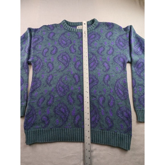 Vintage 90s Men's Large Sweater Paisley Print Retro Geek Chic Teal Purple - Picture 6 of 16